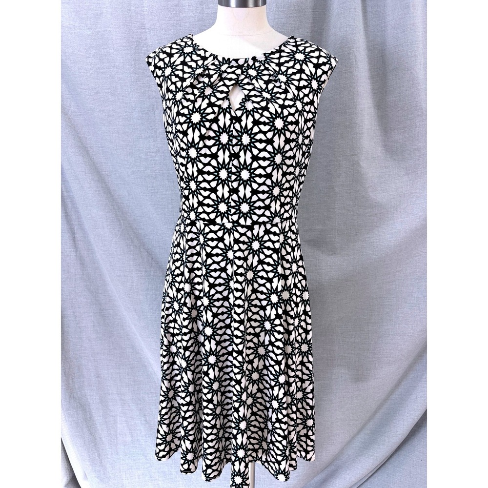 Wisp Geometric Starburst Keyhole Fit and Flare Dress Black White Aqua 8 Office